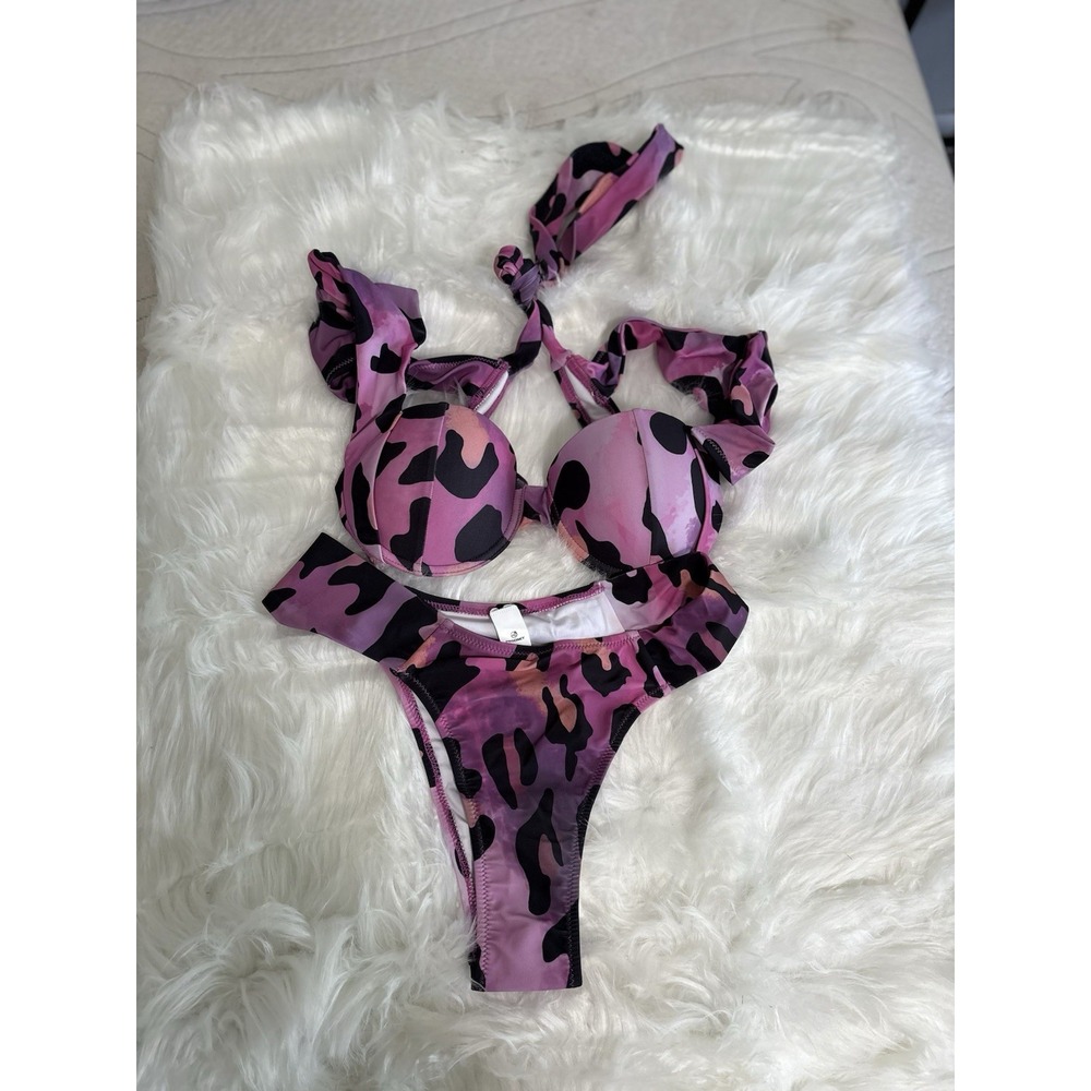 Peddney Women's Pink Cheetah Print Floral 2 Piece Swim Suit Bikini Sz Small New
